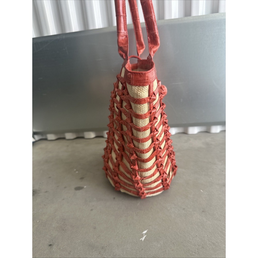 RARE Nancy Gonzalez Coral Red CROCODILE Woven Shoulder Bag Purse - Picture 2 of 8
